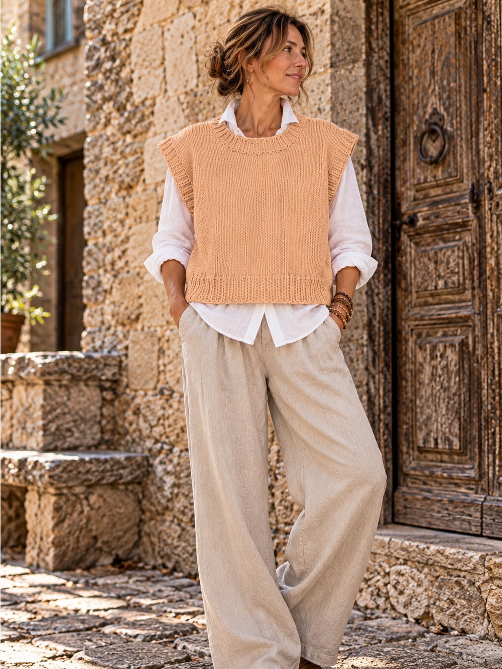 Handmade Peach Best Fit L XL Sweater Vest Hand Knit Lagenlook Artisan Boho
